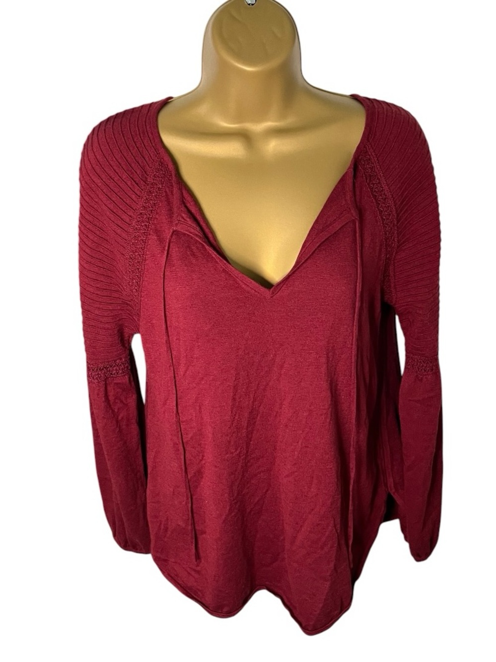 LOFT Boho Knit Top Tie Neck Ribbed Crochet Trim Burgundy M